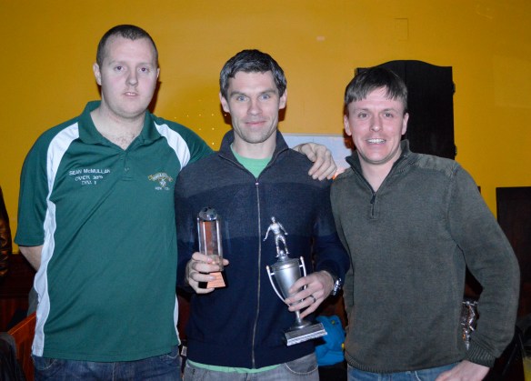 Mike Bishop is presented with the Over 30s player of the year award for the 2011-12 season by coach Paddy Mc Carry and assistant coach Sean Mc Mullan at the Courtyard Bar on Sunday night. Pic: John Riordan