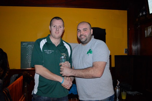 Sean Mc Mullan is presented with the player of the year award for the 2011-12 season by reserves team manager Robbie O'Neill at the Courtyard Bar on Sunday night.